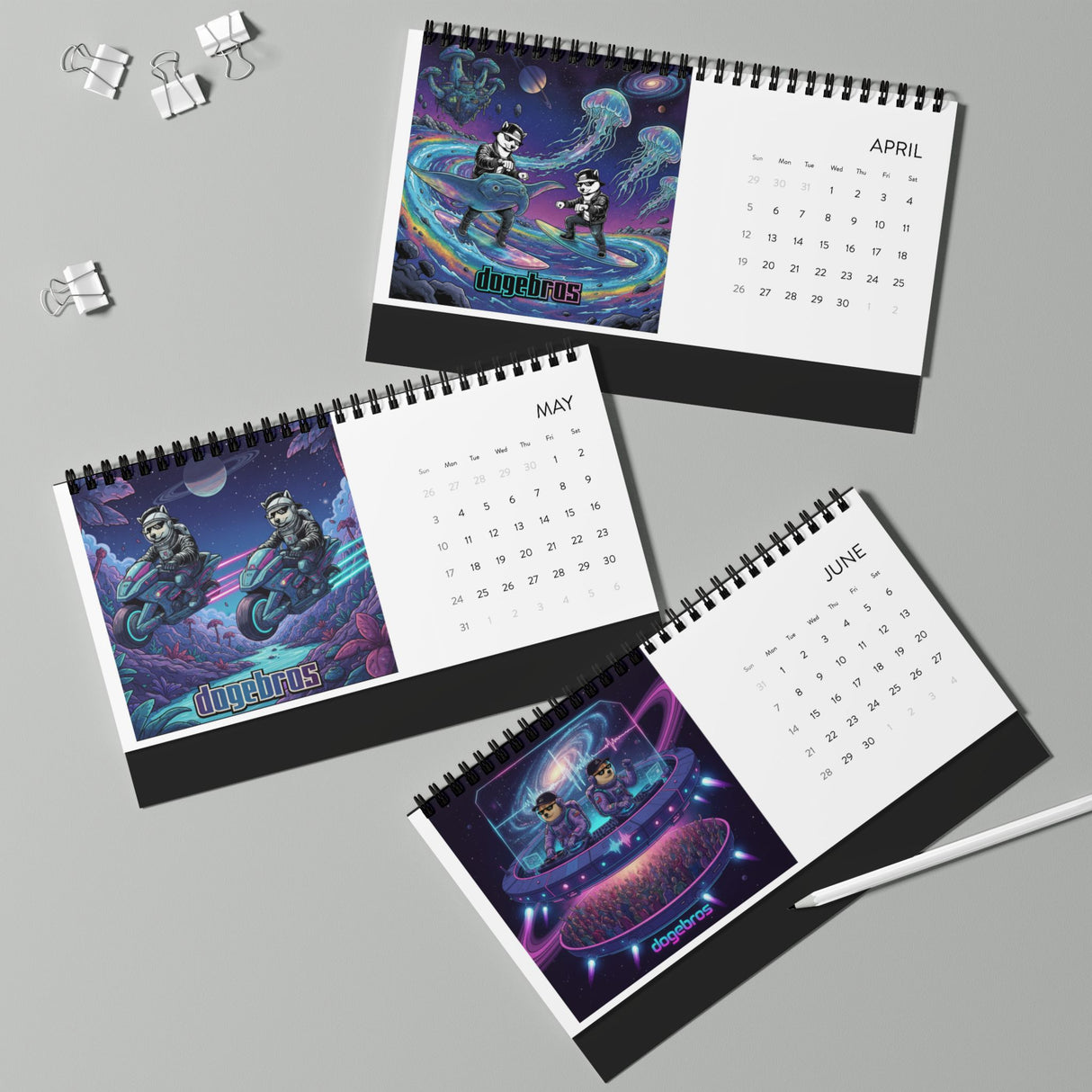 2026 DOGEBROS Desktop Calendar — Spiral-Bound Grid Monthly Planner