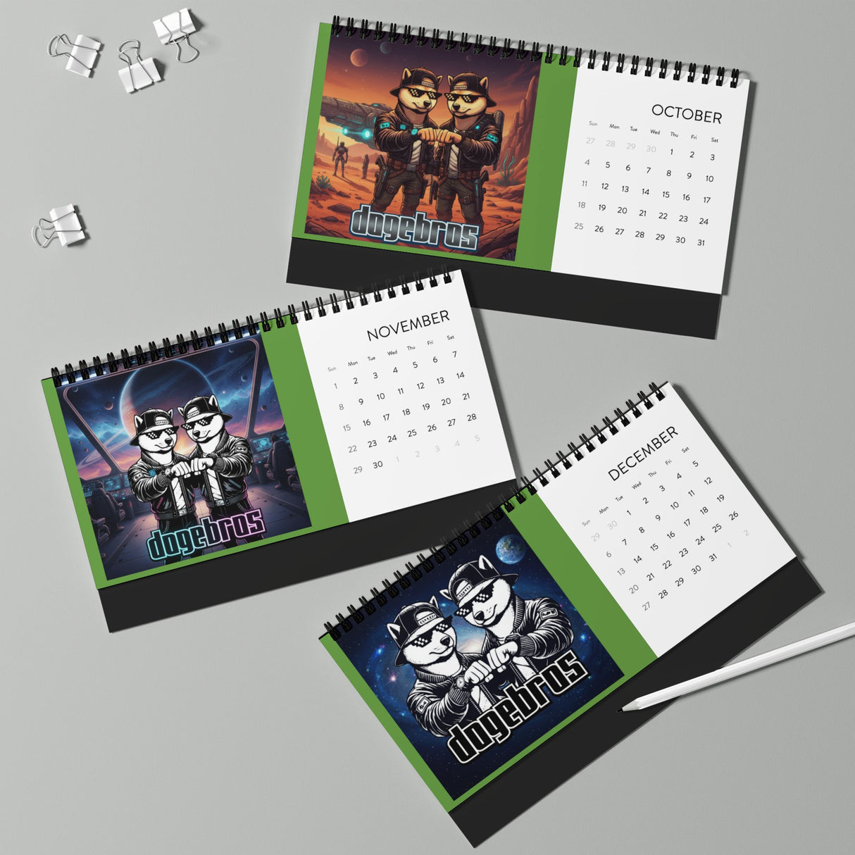 2026 DOGEBROS Desktop Calendar — Spiral-Bound Grid Monthly Planner