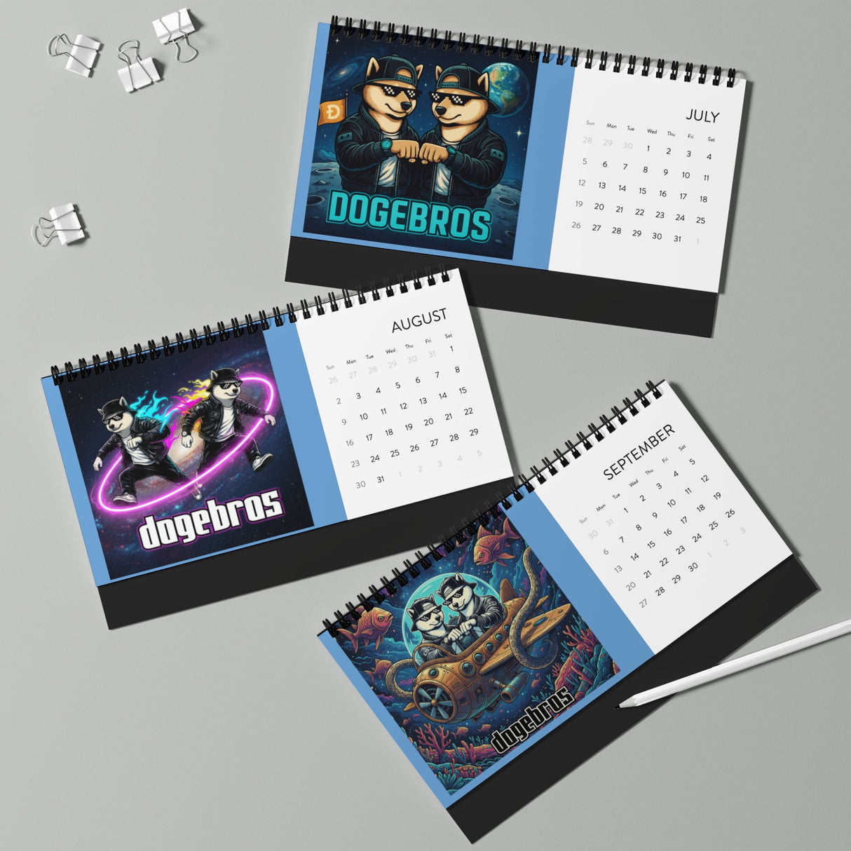 2026 DOGEBROS Desktop Calendar — Spiral-Bound Grid Monthly Planner