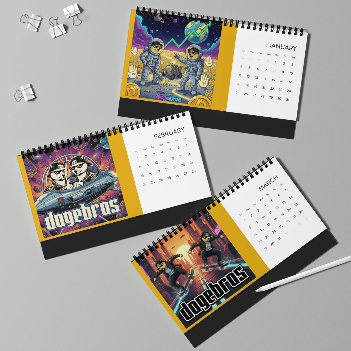 2026 DOGEBROS Desktop Calendar — Spiral-Bound Grid Monthly Planner