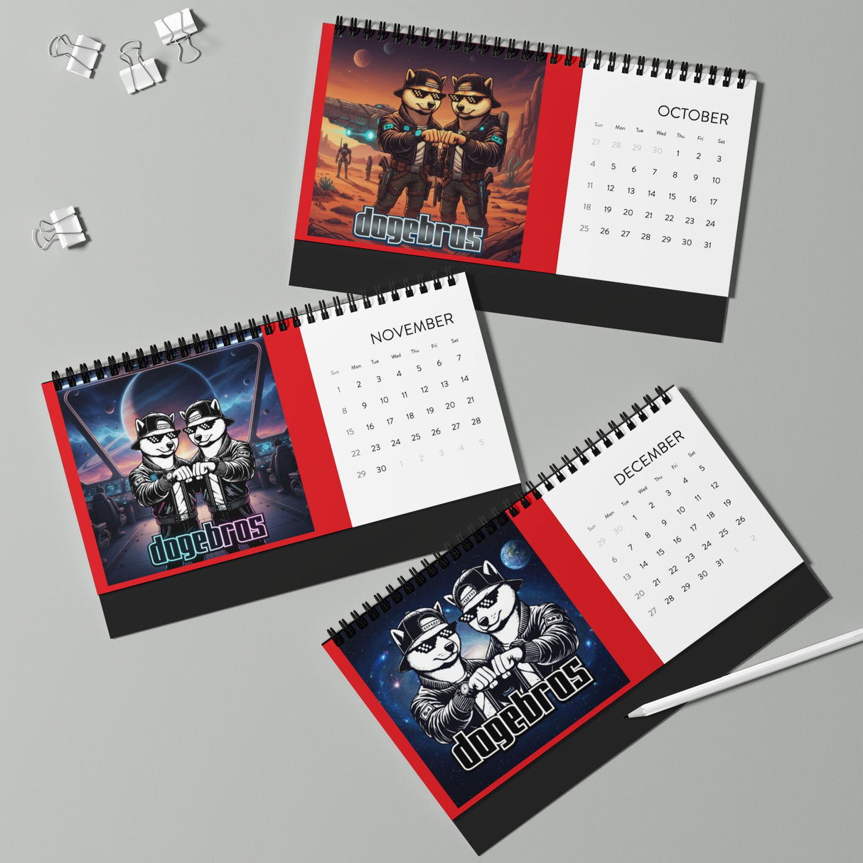 2026 DOGEBROS Desktop Calendar — Spiral-Bound Grid Monthly Planner