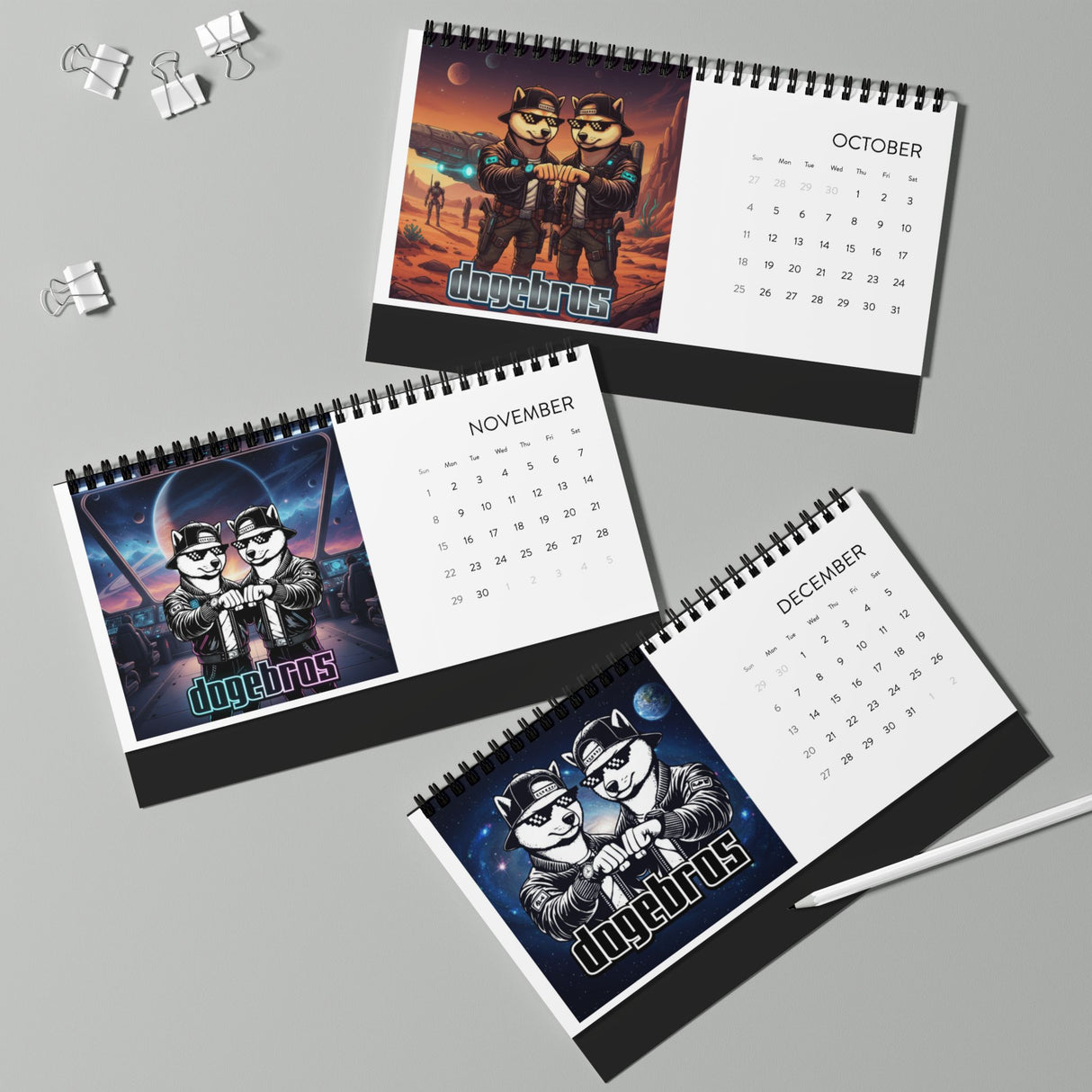 2026 DOGEBROS Desktop Calendar — Spiral-Bound Grid Monthly Planner