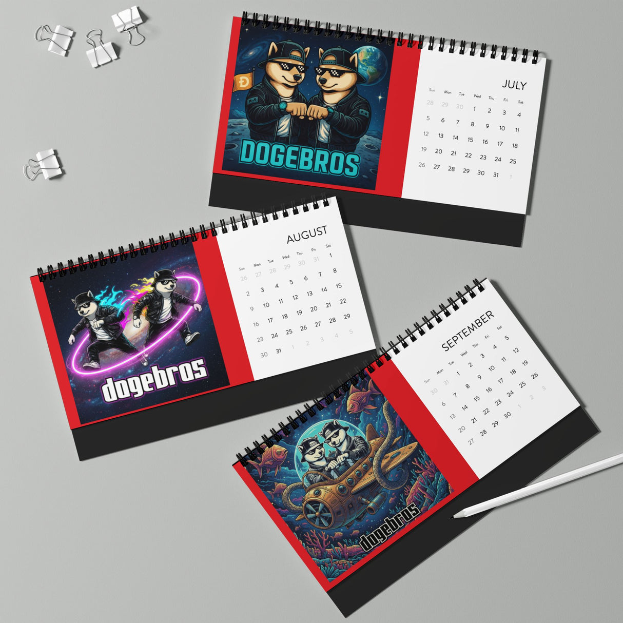 2026 DOGEBROS Desktop Calendar — Spiral-Bound Grid Monthly Planner