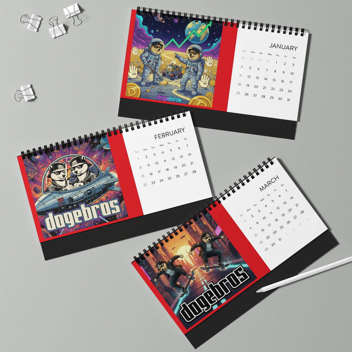 2026 DOGEBROS Desktop Calendar — Spiral-Bound Grid Monthly Planner