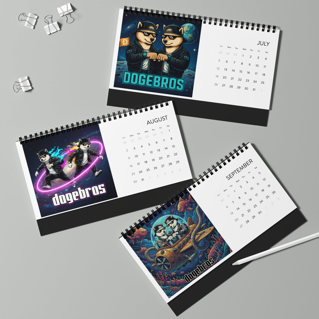 2026 DOGEBROS Desktop Calendar — Spiral-Bound Grid Monthly Planner