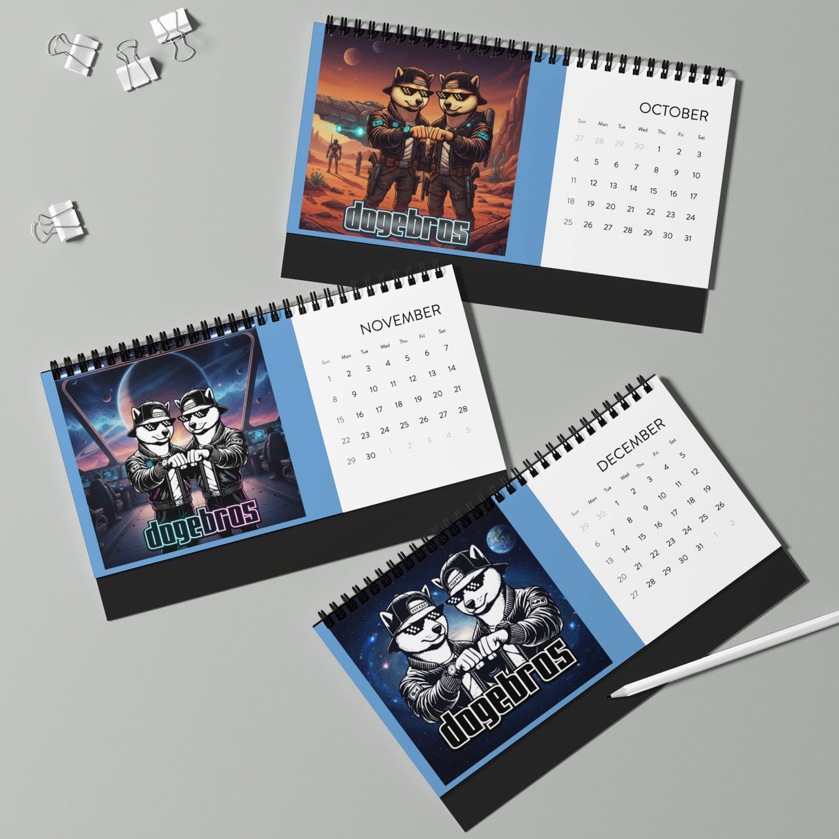 2026 DOGEBROS Desktop Calendar — Spiral-Bound Grid Monthly Planner