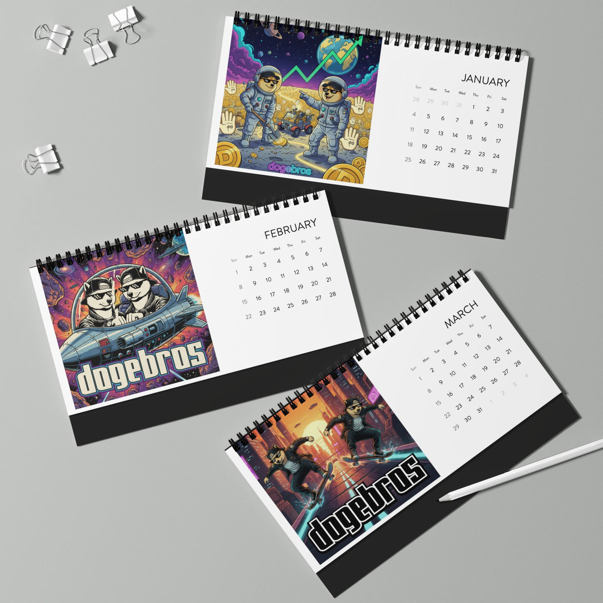 2026 DOGEBROS Desktop Calendar — Spiral-Bound Grid Monthly Planner