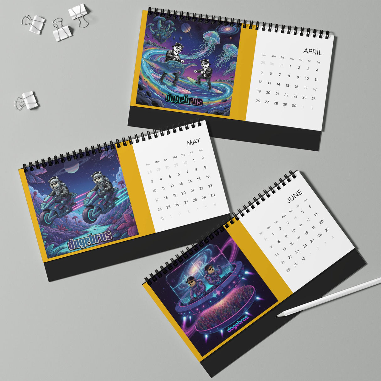 2026 DOGEBROS Desktop Calendar — Spiral-Bound Grid Monthly Planner