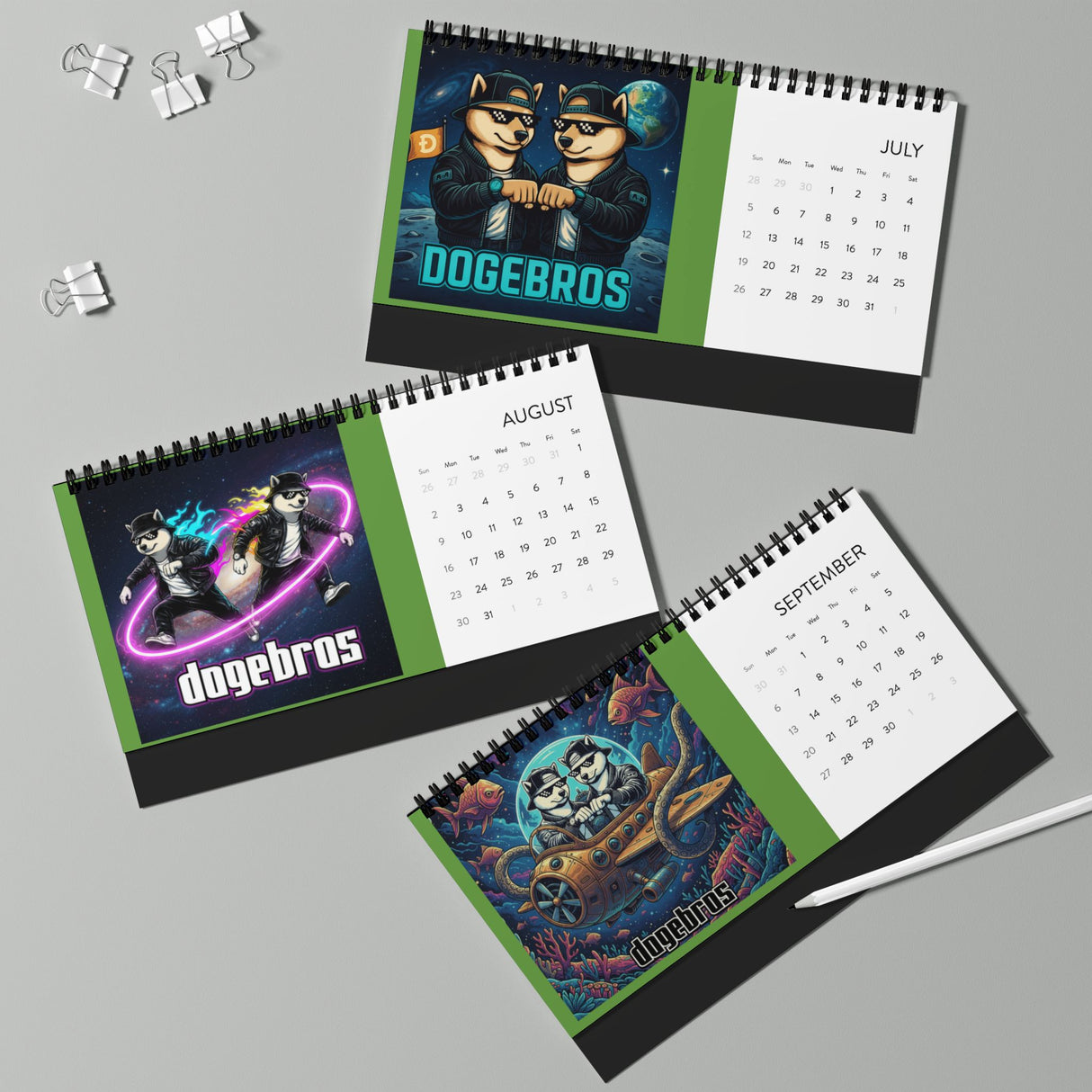 2026 DOGEBROS Desktop Calendar — Spiral-Bound Grid Monthly Planner