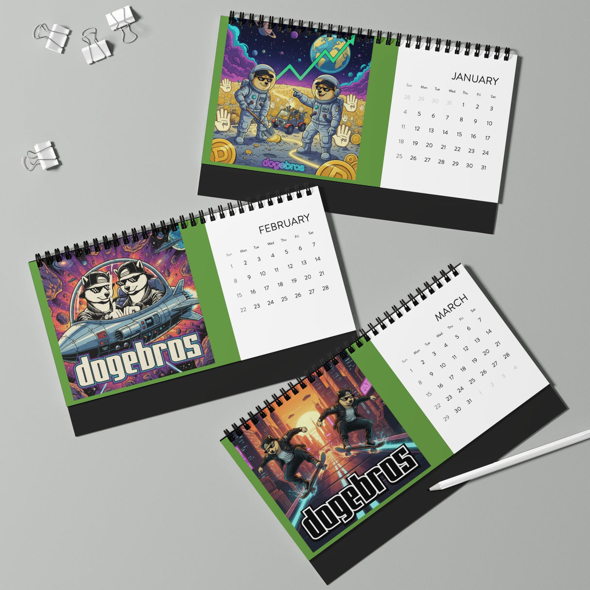 2026 DOGEBROS Desktop Calendar — Spiral-Bound Grid Monthly Planner