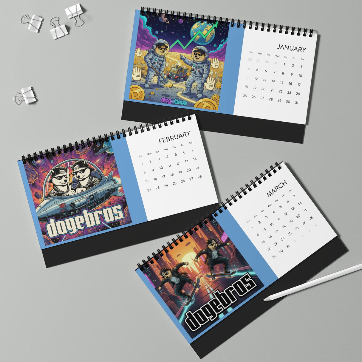 2026 DOGEBROS Desktop Calendar — Spiral-Bound Grid Monthly Planner