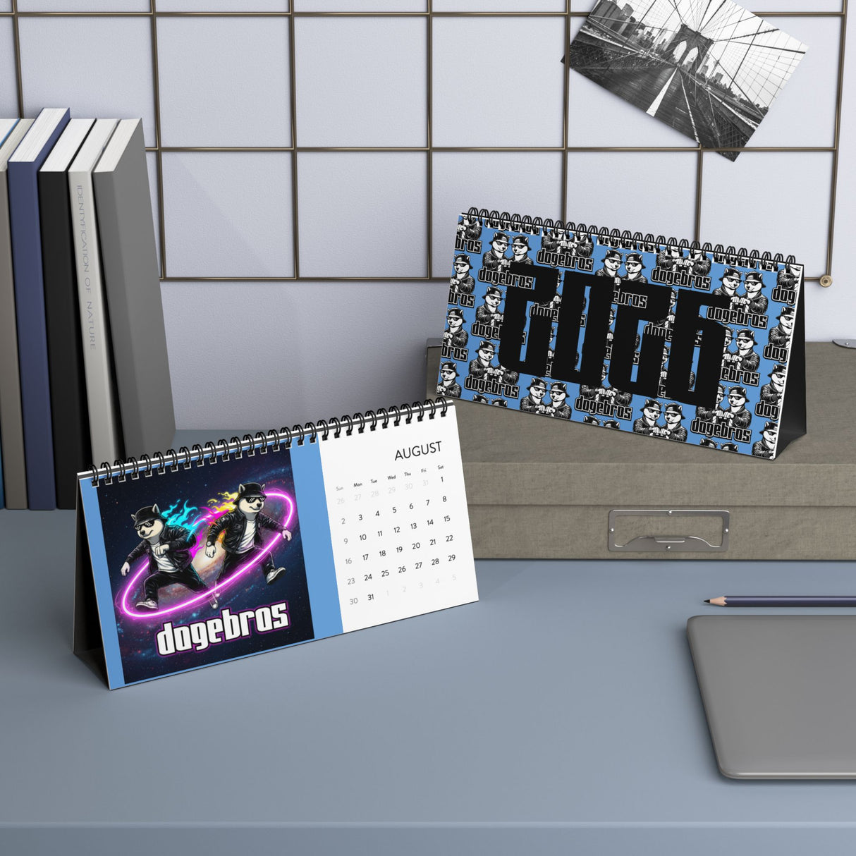 2026 DOGEBROS Desktop Calendar — Spiral-Bound Grid Monthly Planner